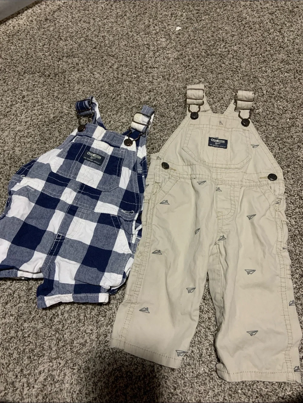 OshKosh B'gosh Beige Overall with Navy Plaid Short Overalls Set